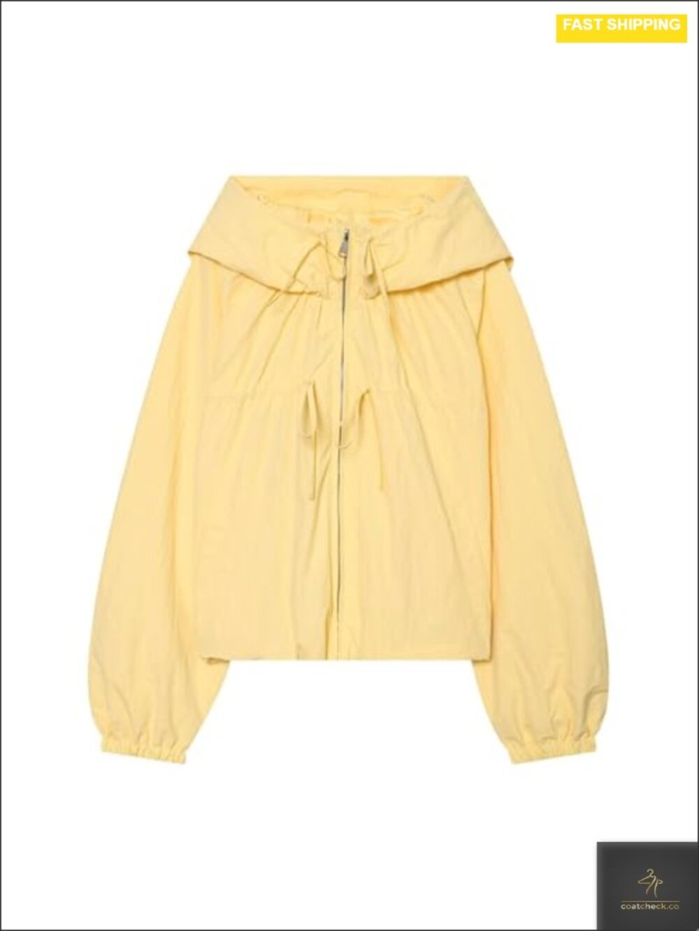 Loose Fit Gathered Hooded Jacket with Bow Detail Drawstring Hem Casual Long